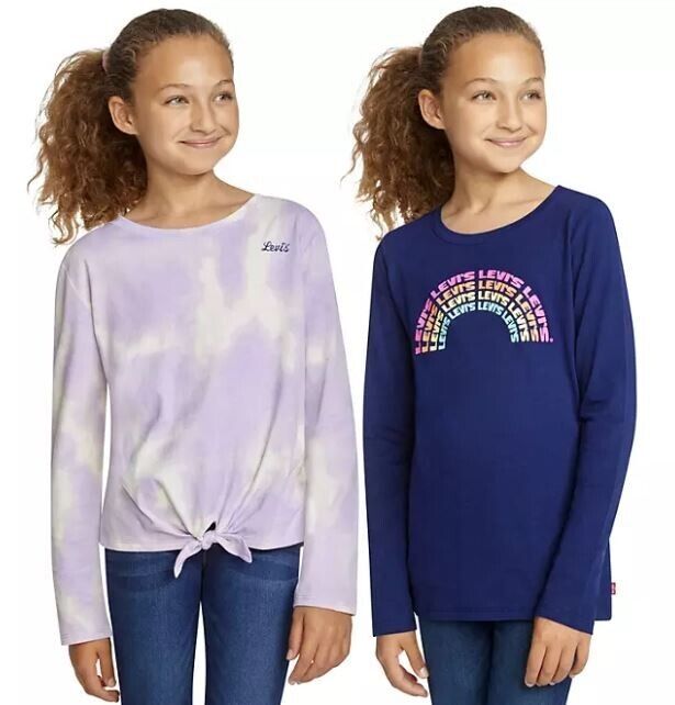 Levis Girls Long Sleeve T Shirt Crewneck 2 Pk Navy Blue Purple Tie Dye L 10/12