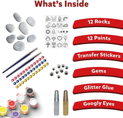 12 Rock Painting Kit for Kids Stickers Rocks Paint Googly Eyes Glitter Glue Gems