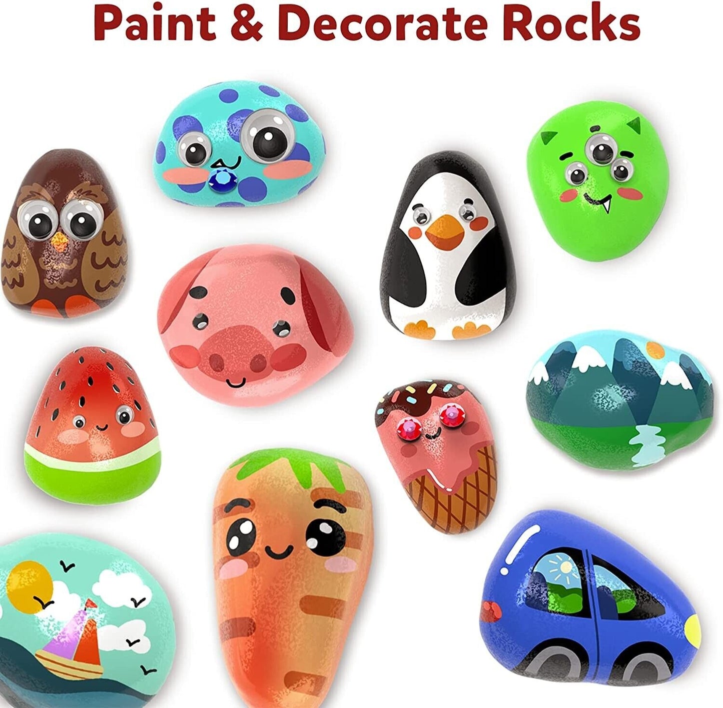 12 Rock Painting Kit for Kids Stickers Rocks Paint Googly Eyes Glitter Glue Gems