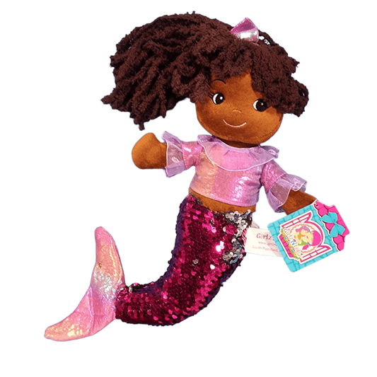 Mermaid Doll Plush Stuffed Toy 14" Ethnic Dark Skin Soft Body Pink Sequins